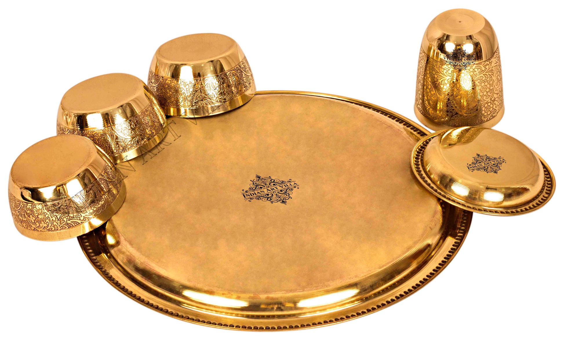Brass Thali Dinner set of 7 Pieces, Mughlai Style, Embossed Design, Beaded Lining | Dinnerware