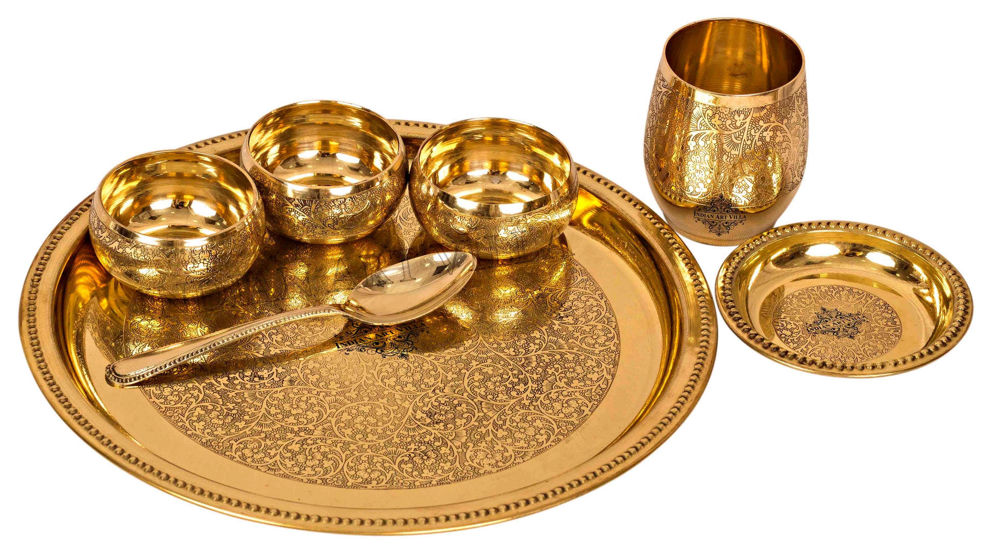 Brass Thali Dinner set of 7, Mughlai Style, Embossed Design, Beaded Lining | Dinnerware