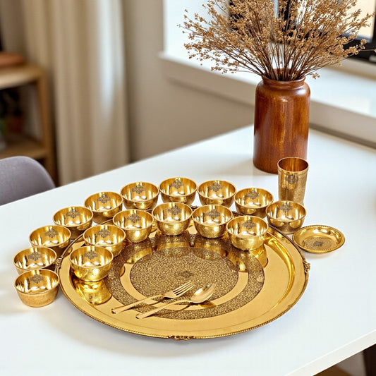 Handmade Pure Brass Embossed Design 21 Pieces Dinner Set, Dinnerware, Tableware
