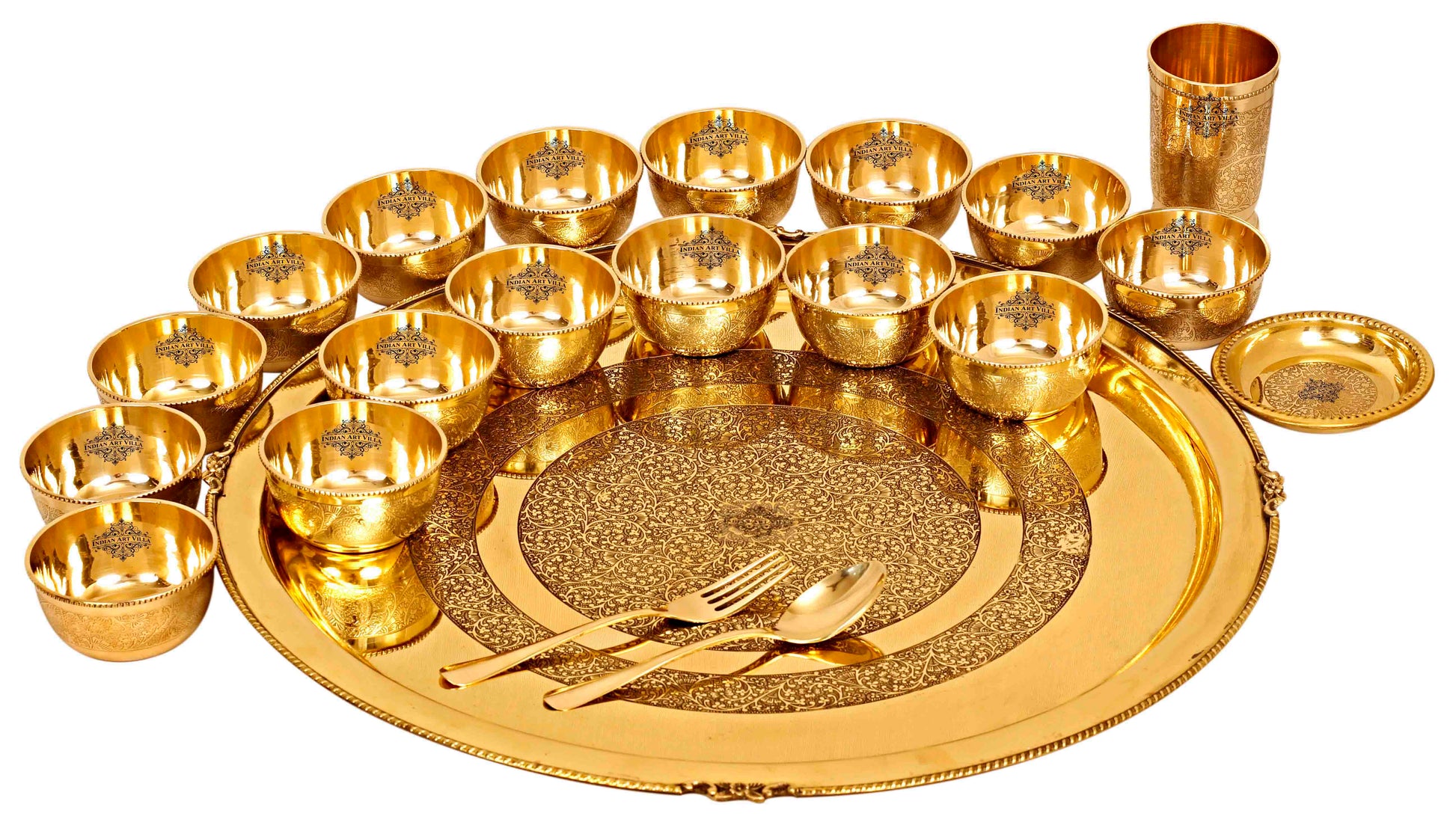 Handmade Pure Brass Embossed Design 21 Pieces Dinner Set, Dinnerware, Tableware