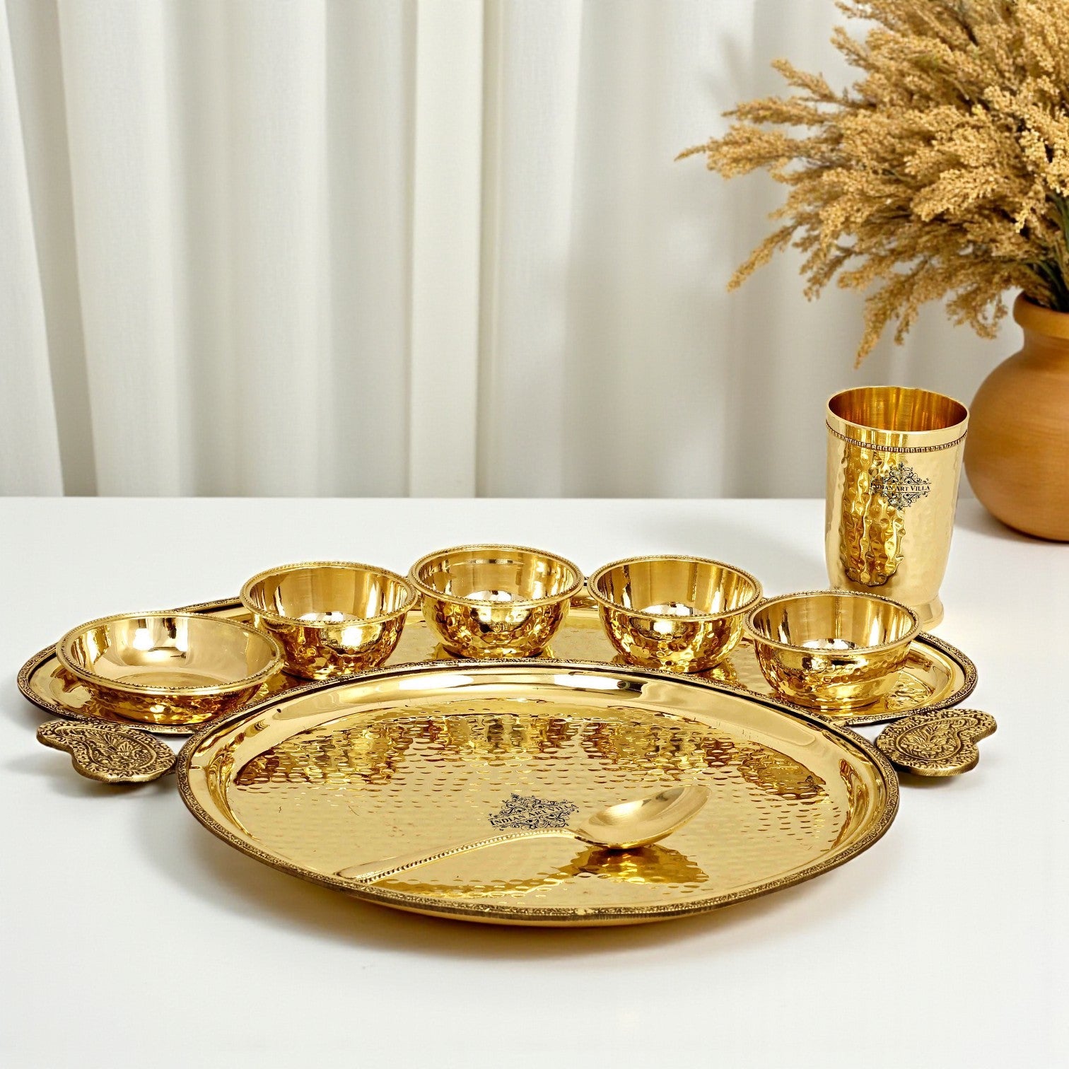 Brass Hammered Maharaja Style Dinner Set of 8 Pieces With Beaded Design, Dinnerware,  Tableware