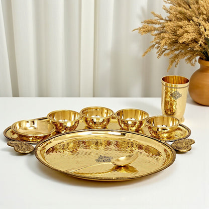 Brass Hammered Maharaja Style Dinner Set of 8 Pieces With Beaded Design, Dinnerware,  Tableware