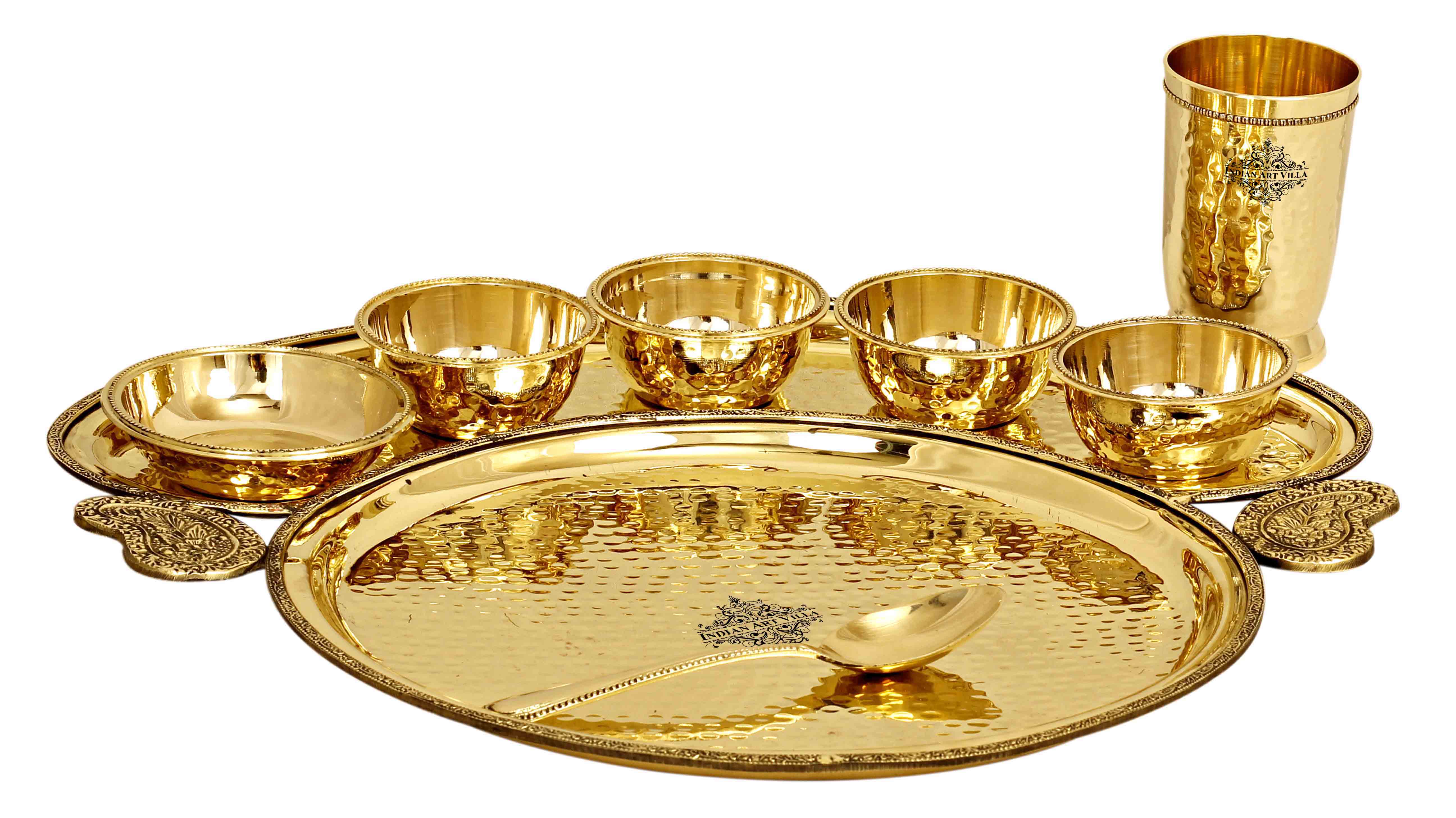 Brass Hammered Maharaja Style Dinner Set of 8 Pieces With Beaded Design, Dinnerware,  Tableware