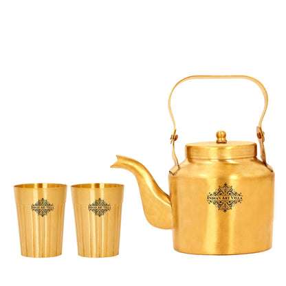 Brass Teapot, Kettle Inside Tin Lining with Glasses | Tableware | Serveware | Gold | 350 ML