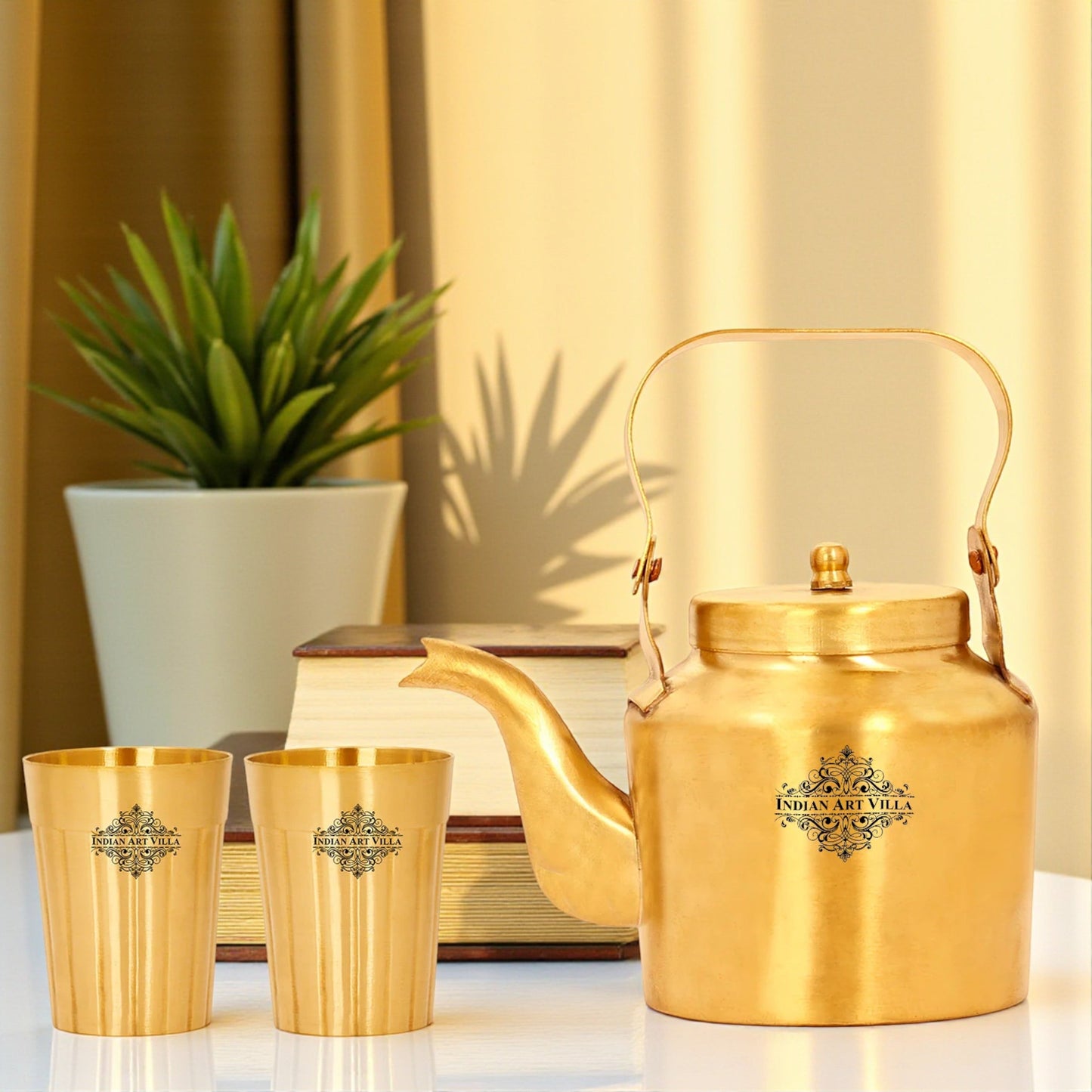 Brass Teapot, Kettle Inside Tin Lining with Glasses | Tableware | Serveware | Gold | 350 ML