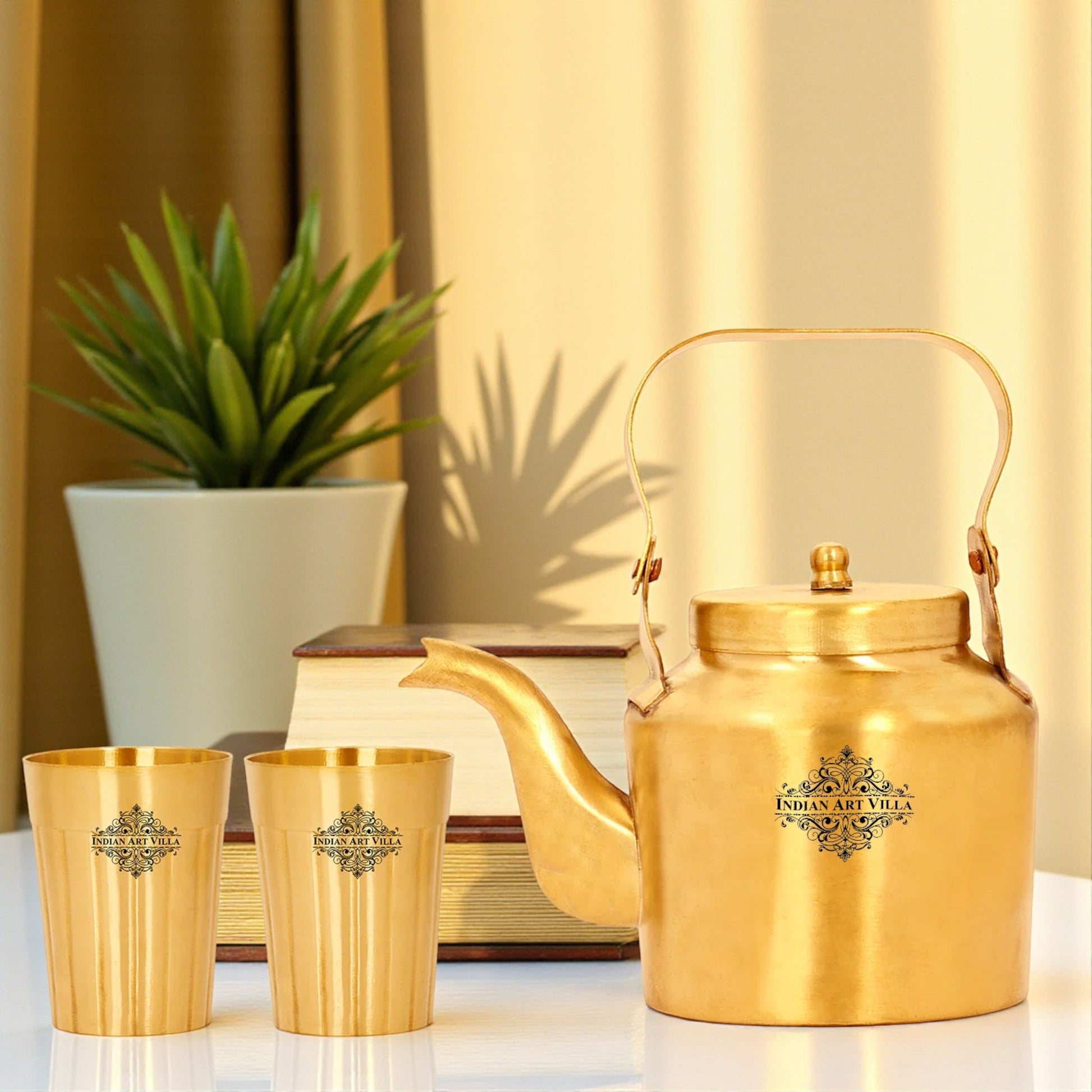 Brass Teapot, Kettle Inside Tin Lining with Glasses | Tableware | Serveware | Gold | 350 ML