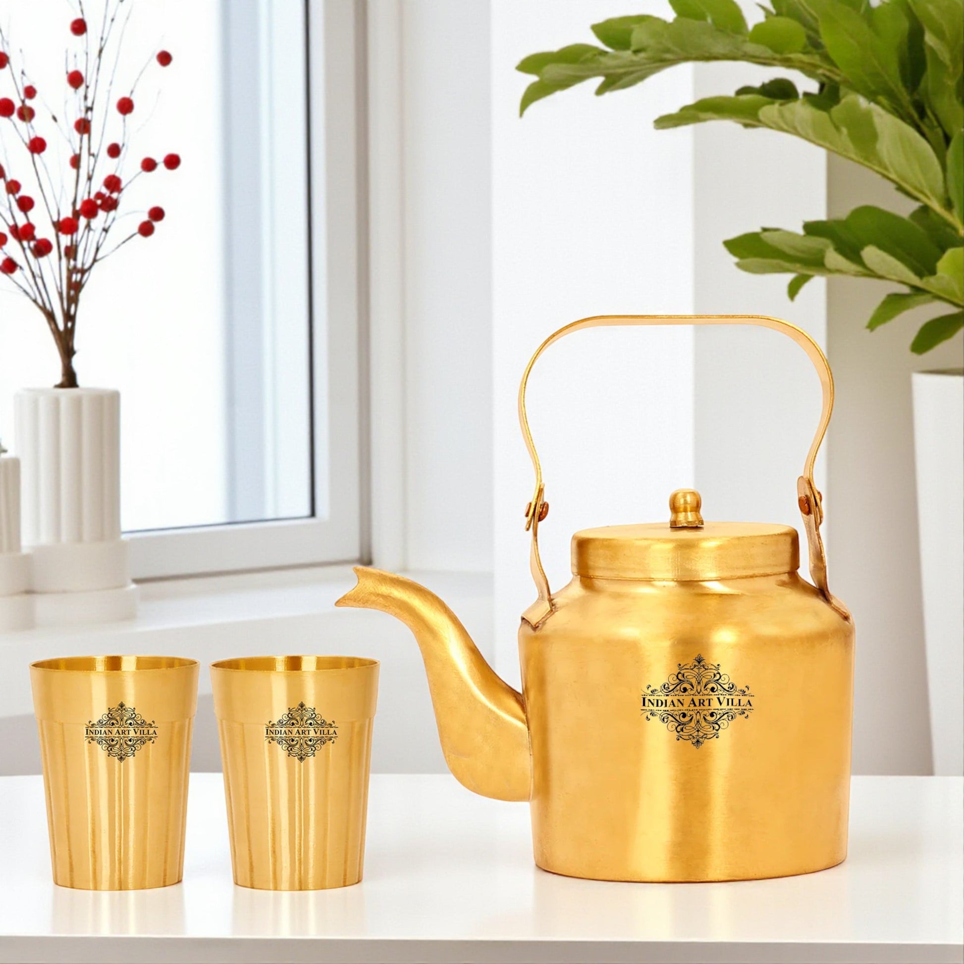 Brass Teapot, Kettle Inside Tin Lining with Glasses | Tableware | Serveware | Gold | 350 ML