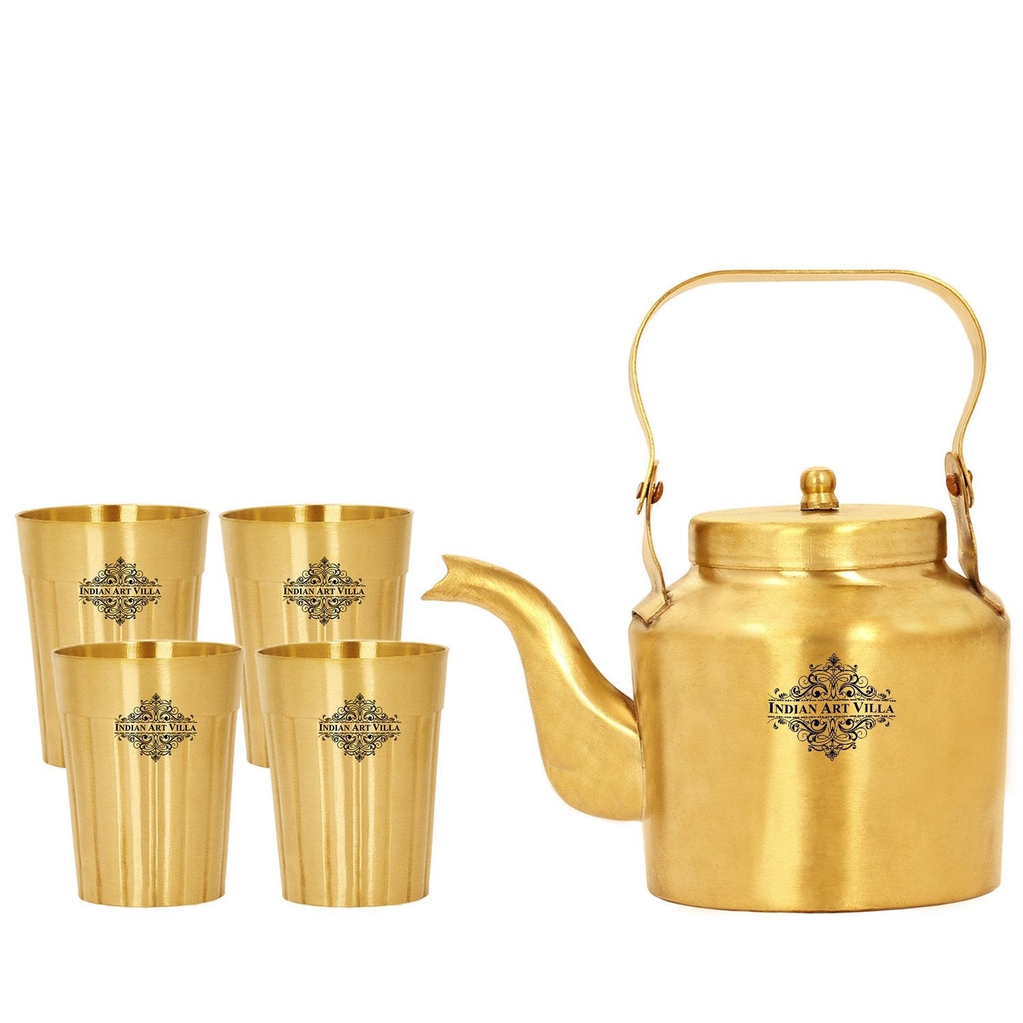 Brass Teapot, Kettle Inside Tin Lining with Glasses | Tableware | Serveware | Gold | 350 ML