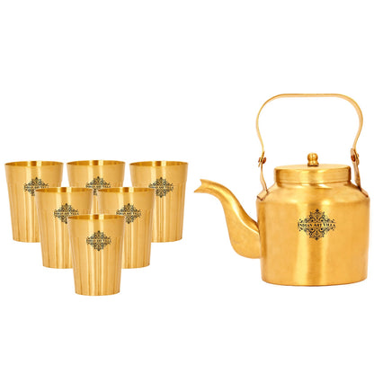 Brass Teapot, Kettle Inside Tin Lining with Glasses | Tableware | Serveware | Gold | 350 ML
