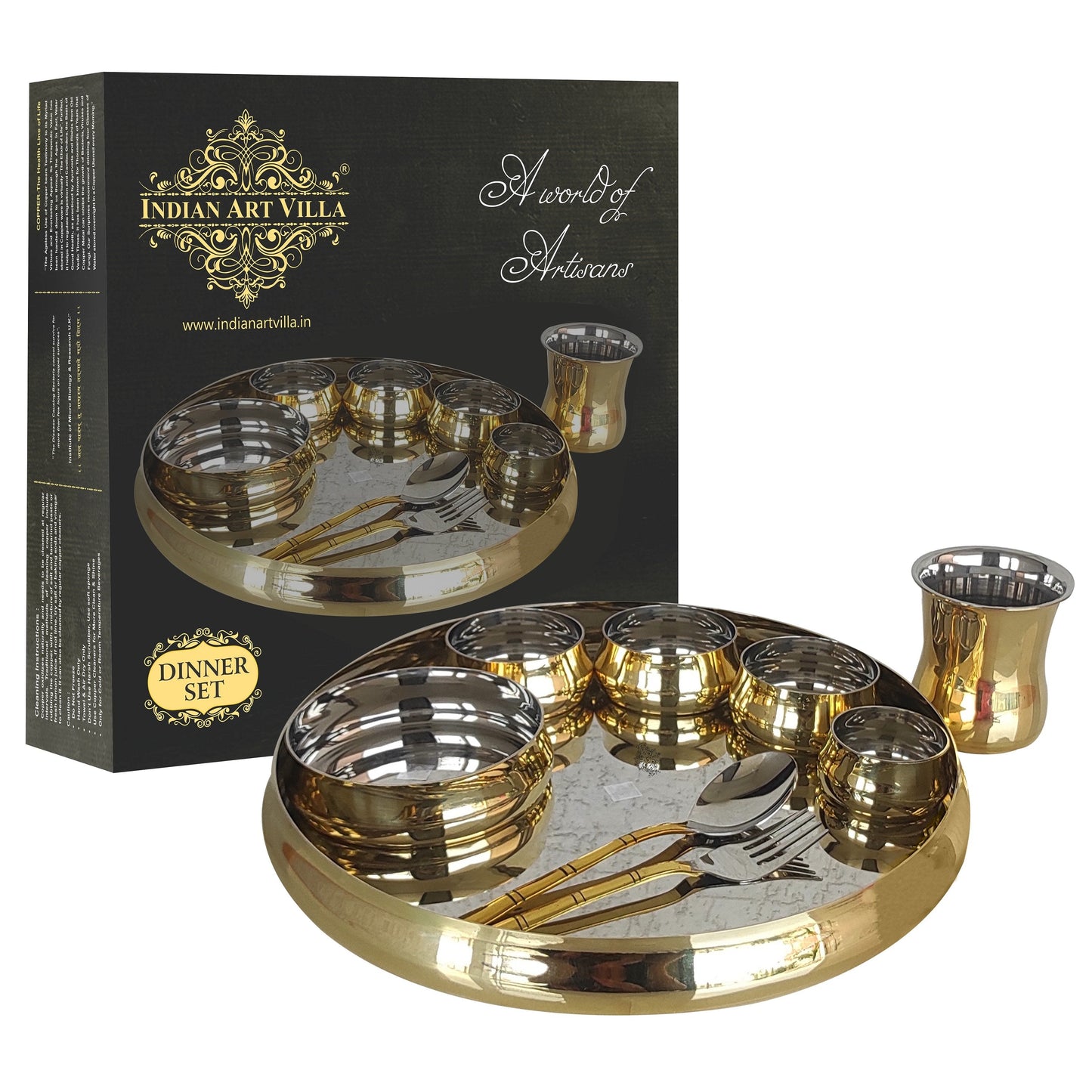 Handmade Pure Steel Brass Plain Glossy Dinner Set of 9, Tableware, Dinnerware