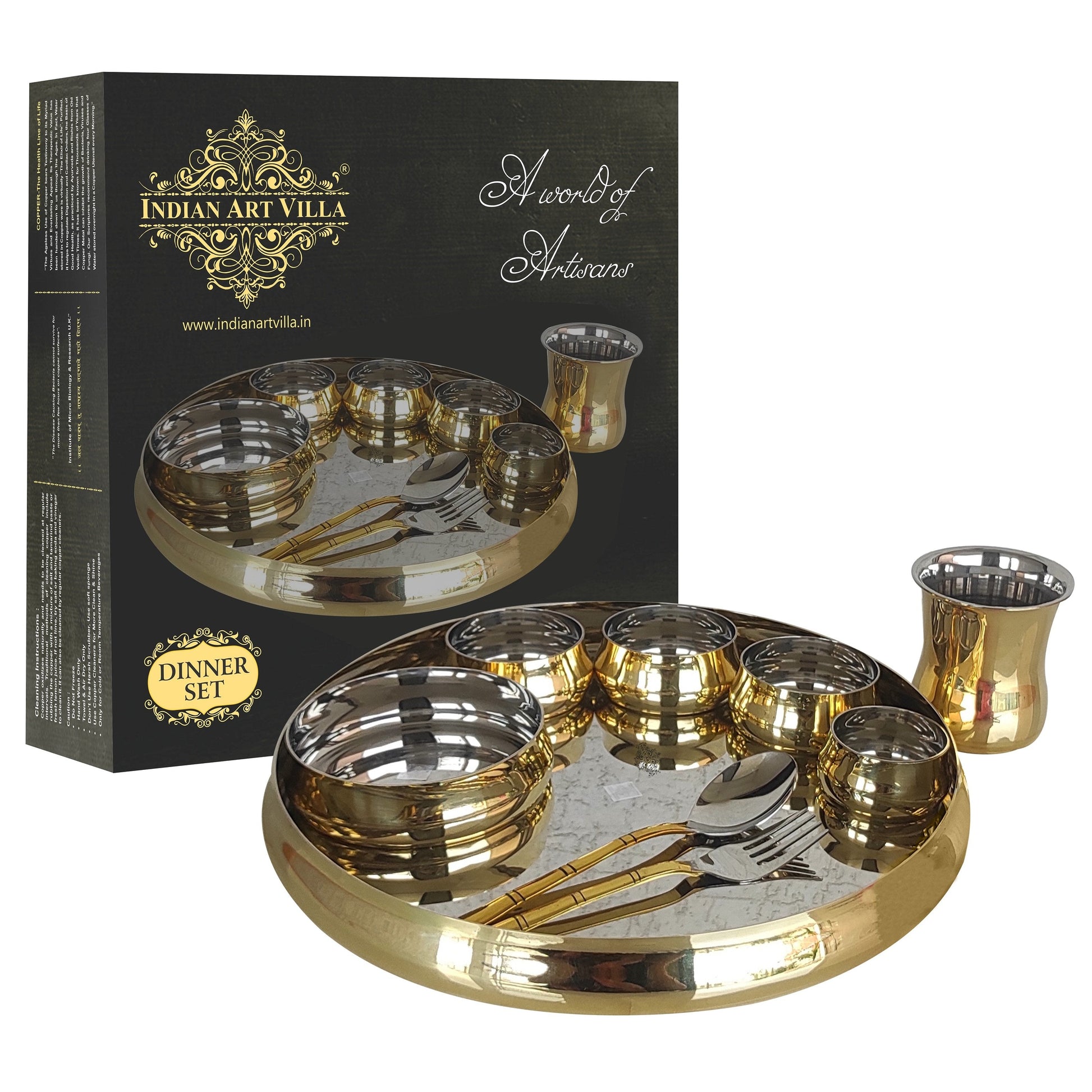 Handmade Pure Steel Brass Plain Glossy Dinner Set of 9, Tableware, Dinnerware