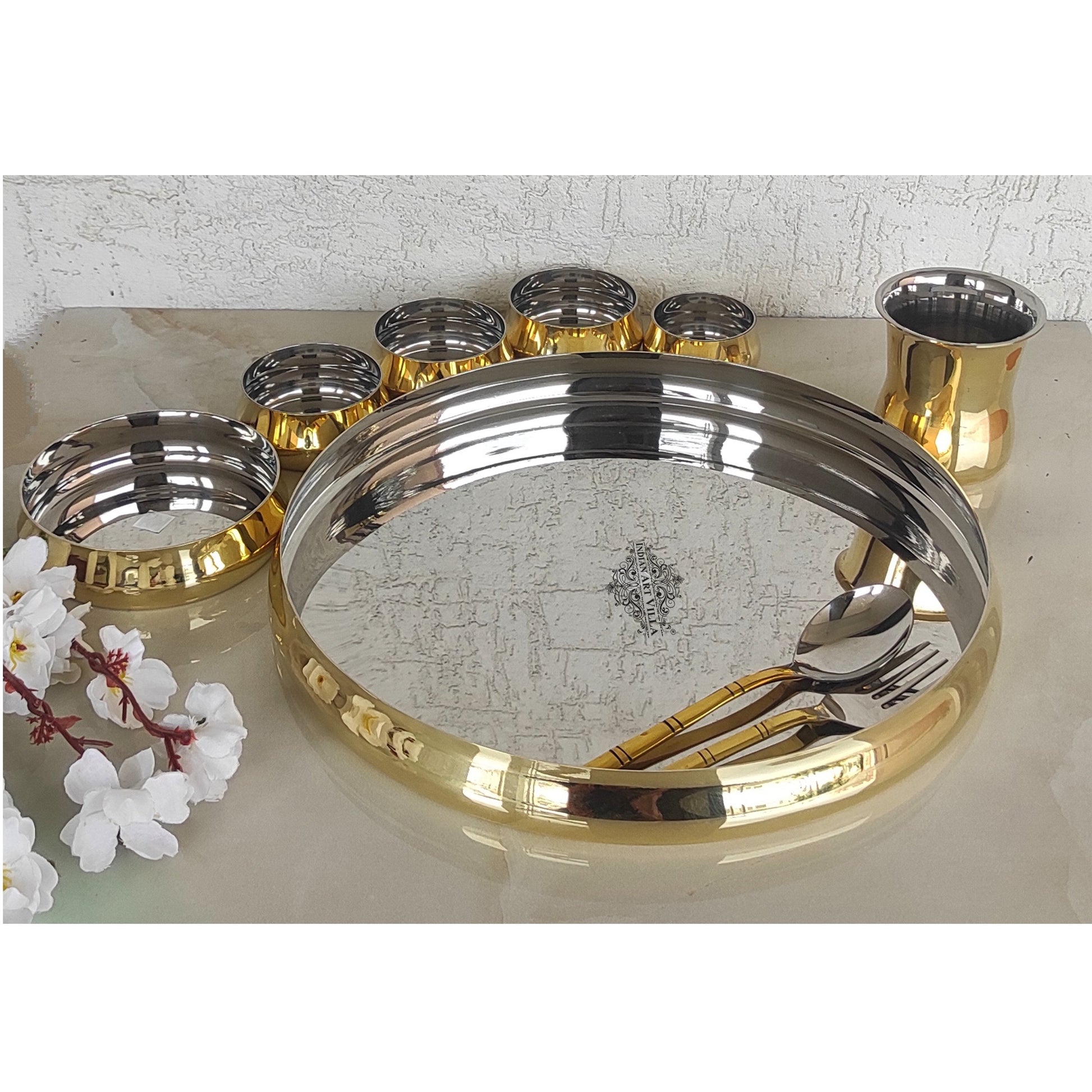 Handmade Pure Steel Brass Plain Glossy Dinner Set of 9, Tableware, Dinnerware