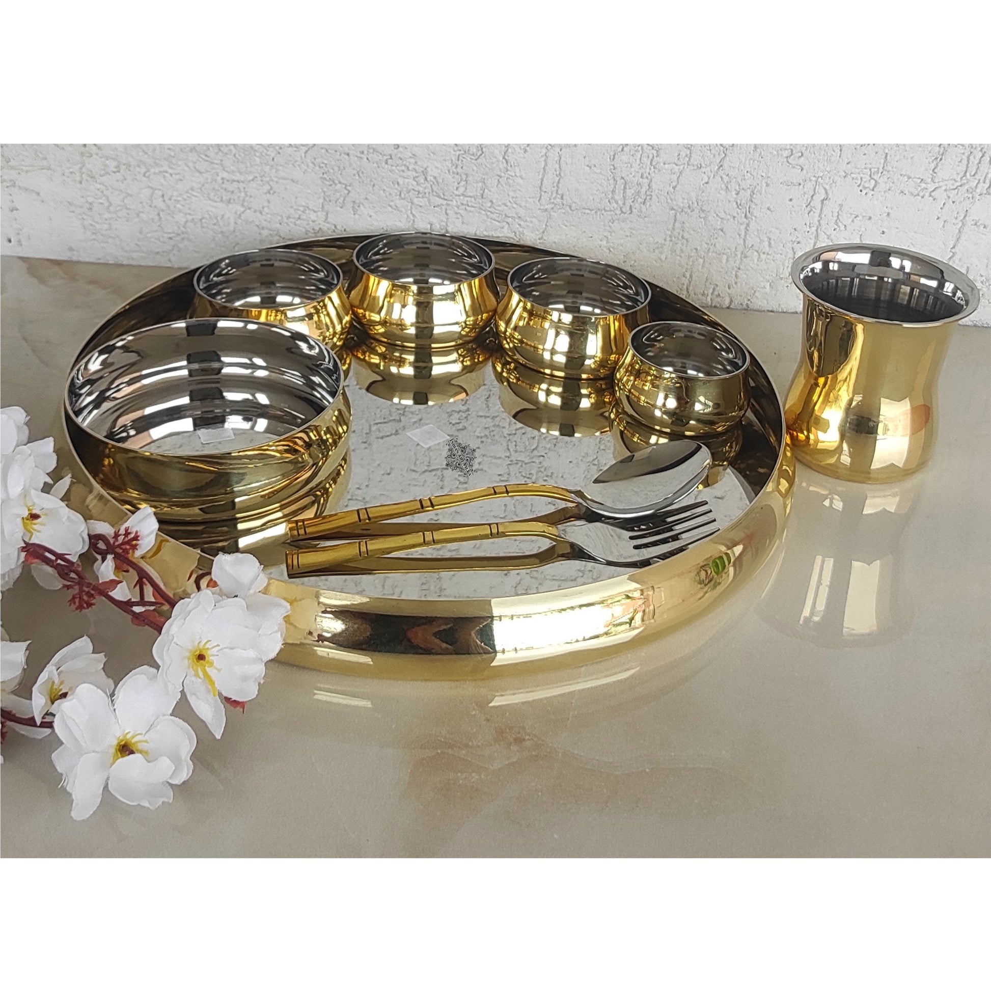 Handmade Pure Steel Brass Plain Glossy Dinner Set of 9, Tableware, Dinnerware