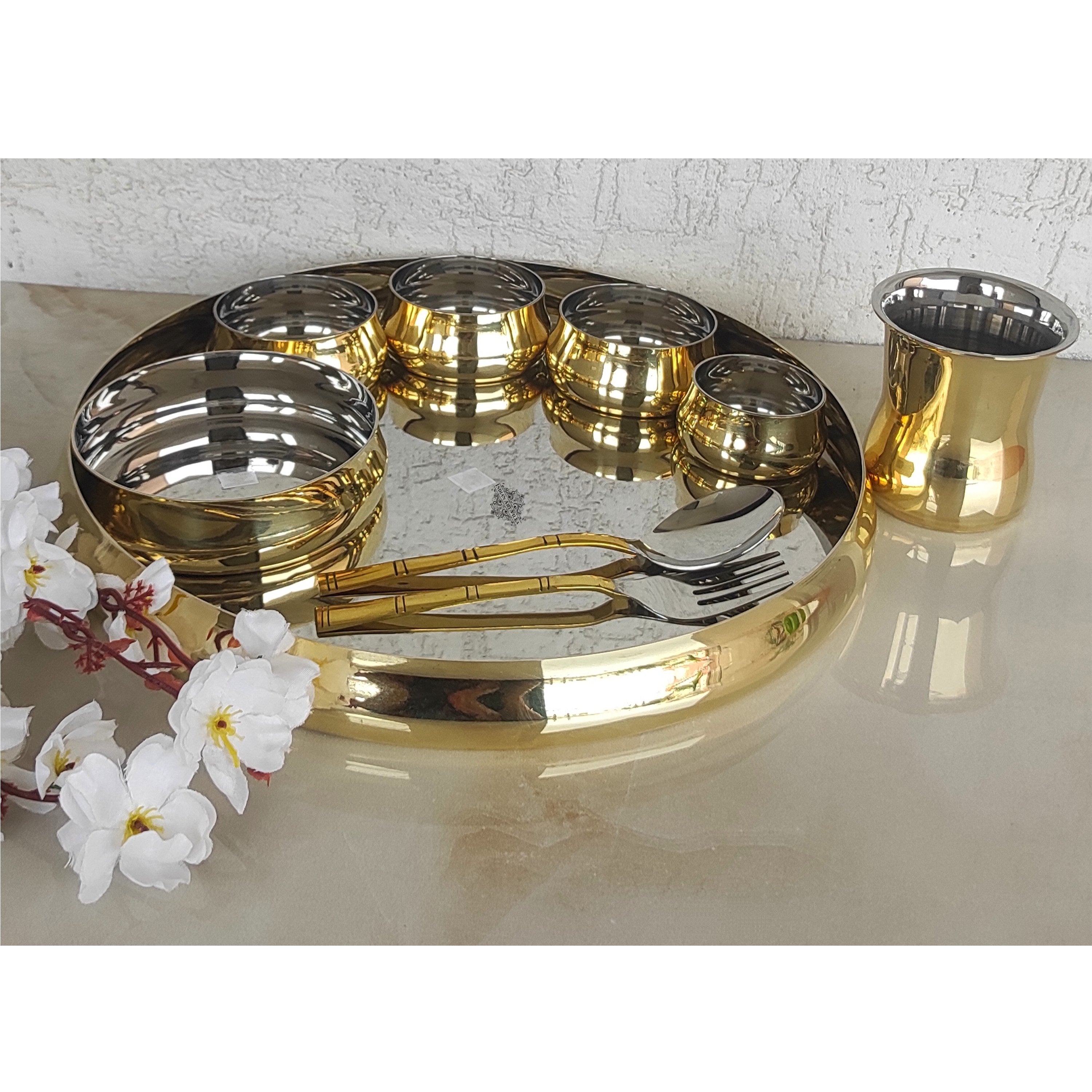 Handmade Pure Steel Brass Plain Glossy Dinner Set of 9, Tableware, Dinnerware