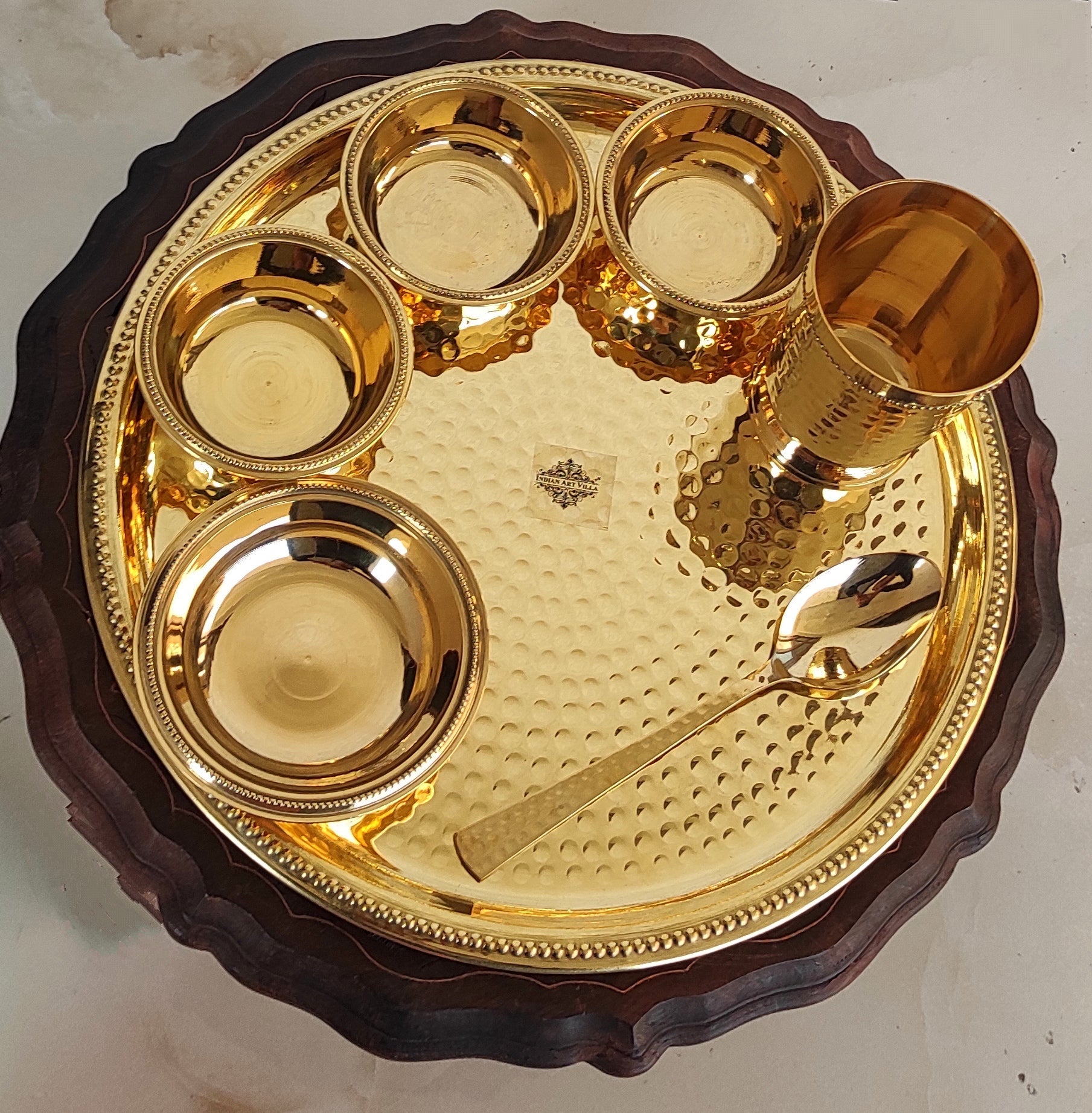 Pure Brass Hammered 7 Pieces Dinner Set / Thali Set with Beaded Line Design, Dinnerware, Tableware