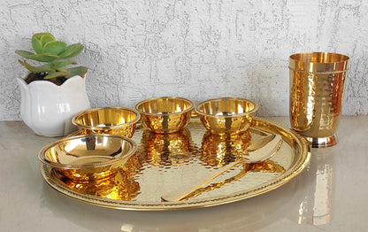 Pure Brass Hammered 7 Pieces Dinner Set / Thali Set with Beaded Line Design, Dinnerware, Tableware
