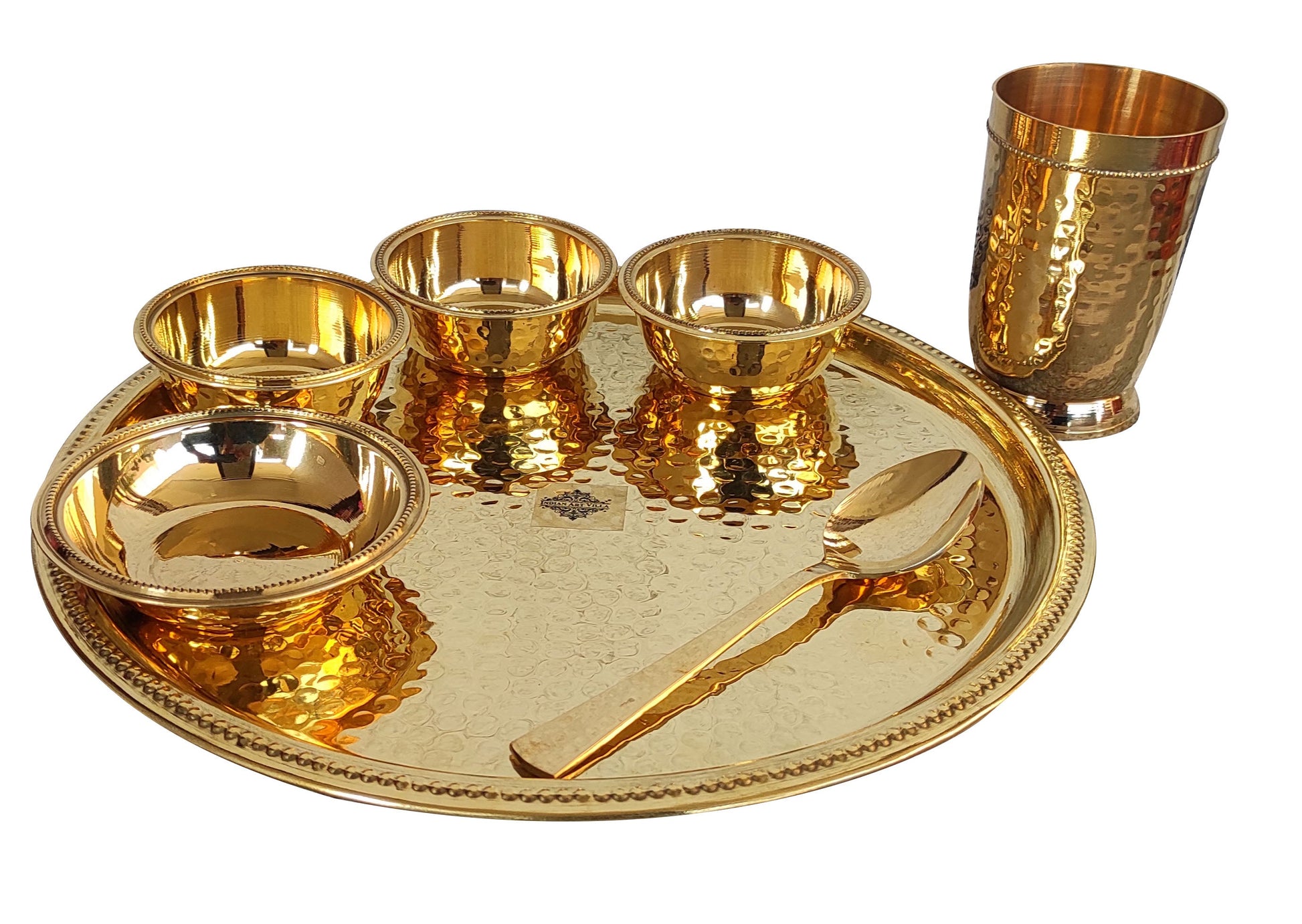 Pure Brass Hammered 7 Pieces Dinner Set / Thali Set with Beaded Line Design, Dinnerware, Tableware