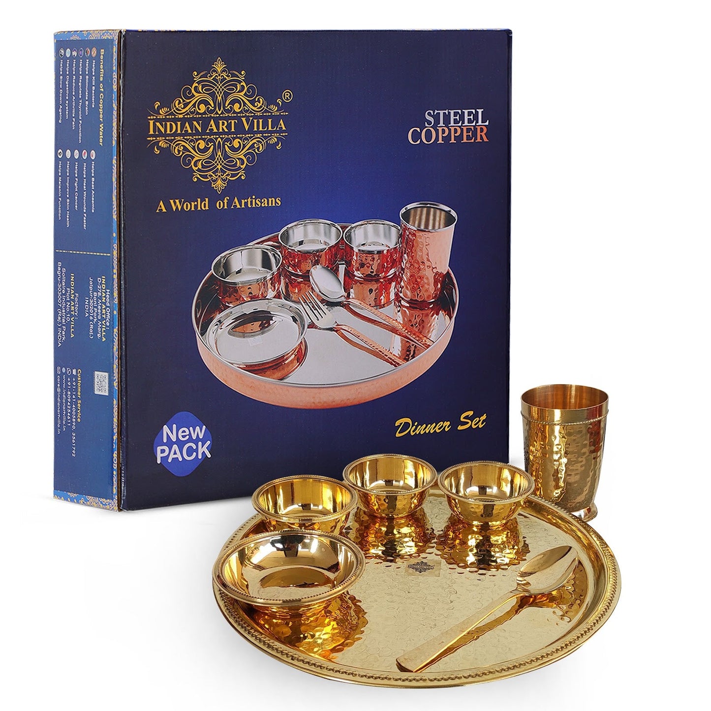 Pure Brass Hammered 7 Pieces Dinner Set / Thali Set with Beaded Line Design, Dinnerware, Tableware