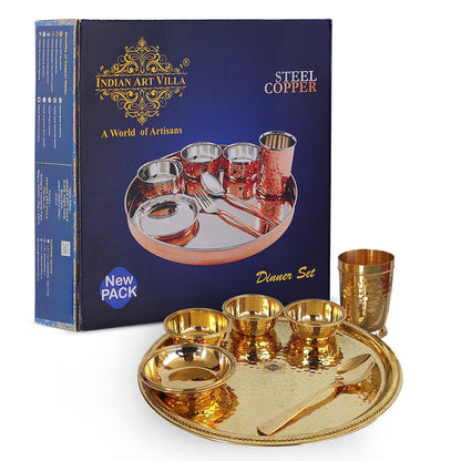 Pure Brass Hammered 7 Pieces Dinner Set / Thali Set with Beaded Line Design, Dinnerware, Tableware