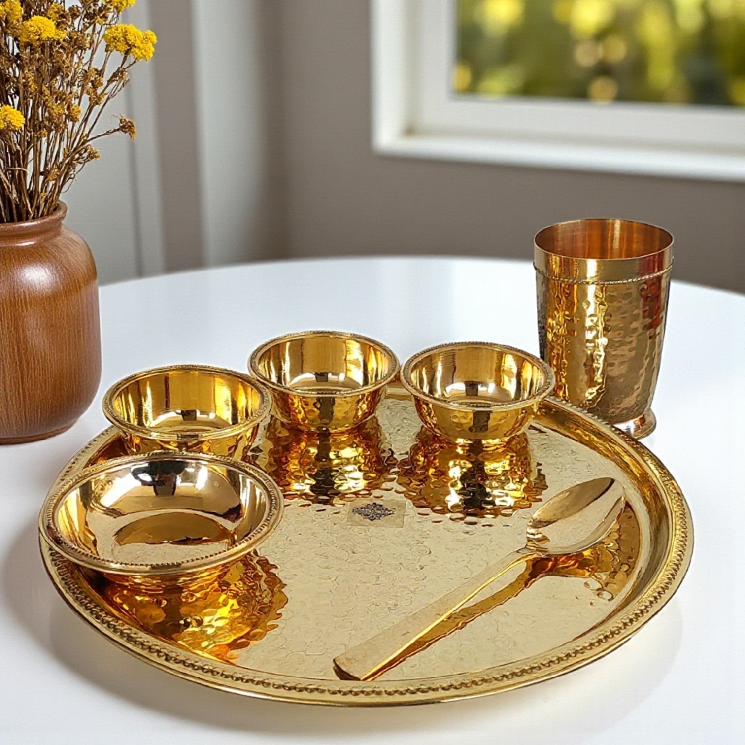 Pure Brass Hammered 7 Pieces Dinner Set / Thali Set with Beaded Line Design, Dinnerware, Tableware
