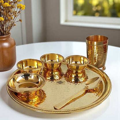 Pure Brass Hammered 7 Pieces Dinner Set / Thali Set with Beaded Line Design, Dinnerware, Tableware