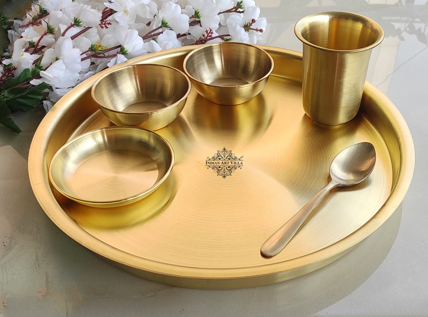 Pure Brass Matt Finish 6 Pieces Dinner Set / Thali Set, Dinnerware, Tableware