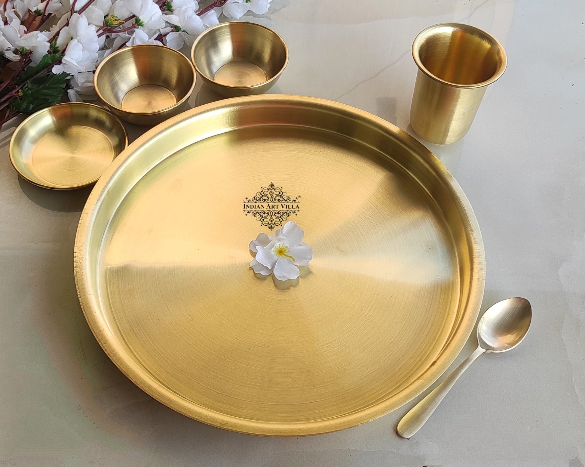 Pure Brass Matt Finish 6 Pieces Dinner Set / Thali Set, Dinnerware, Tableware