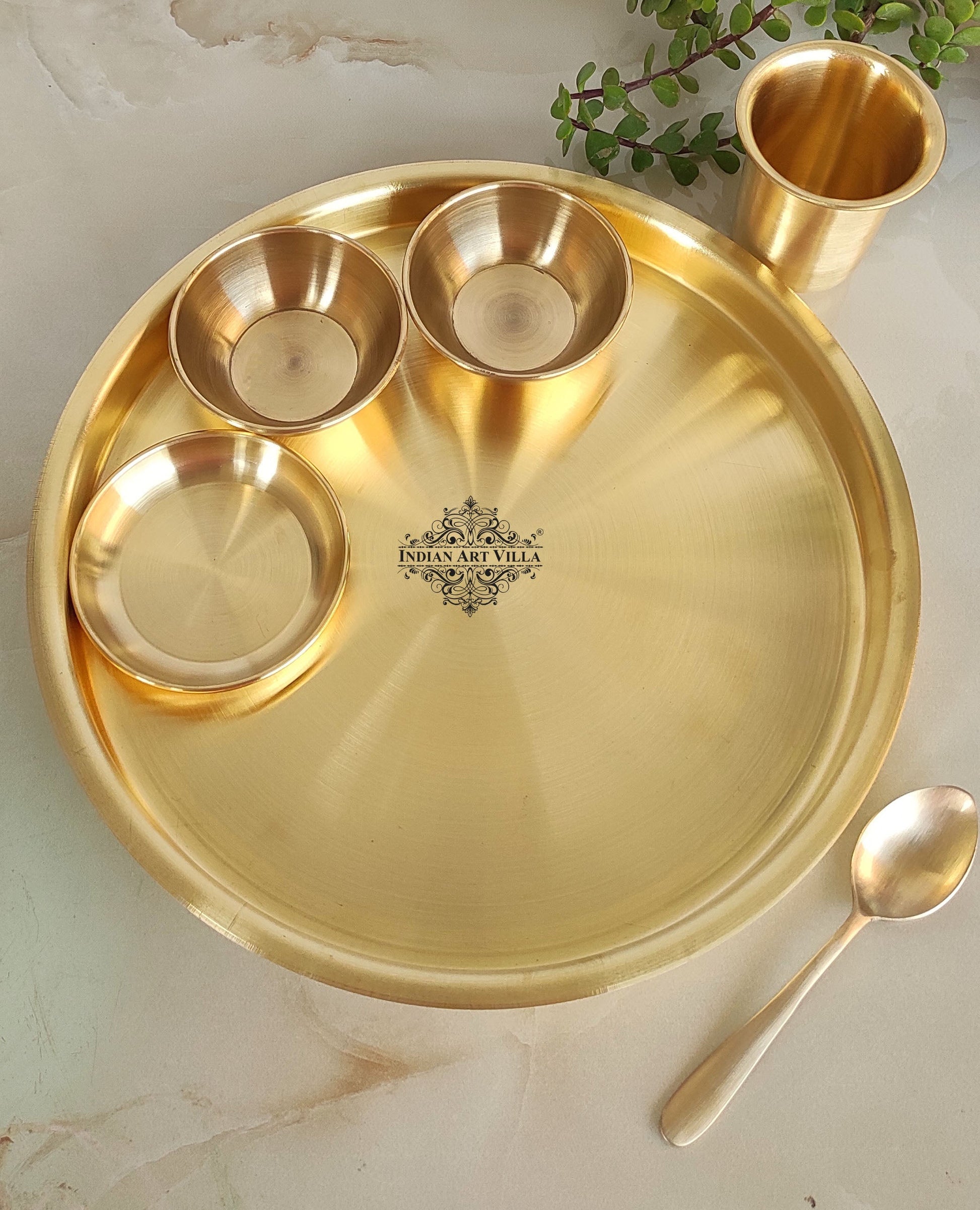Pure Brass Matt Finish 6 Pieces Dinner Set / Thali Set, Dinnerware, Tableware