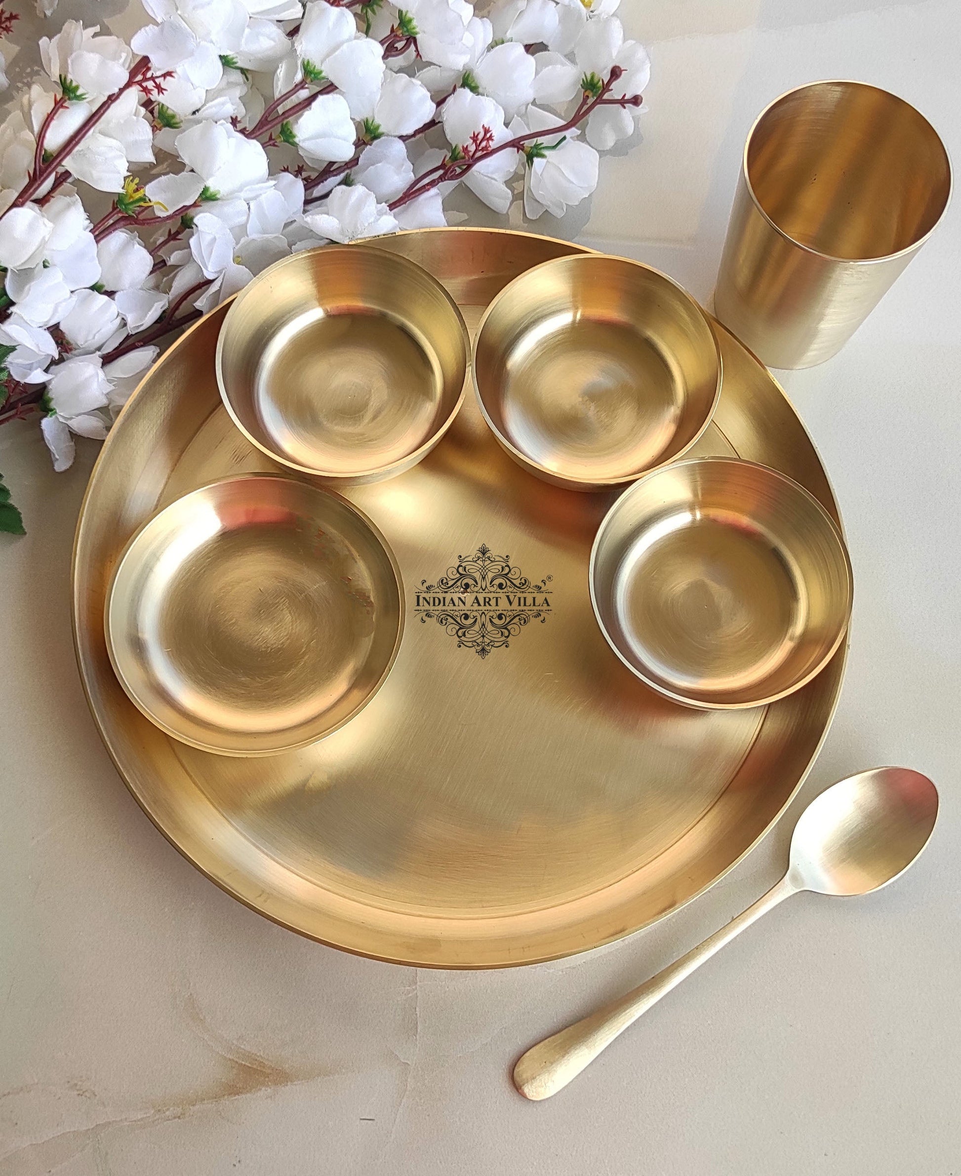 Pure Brass Dinner Set 7 Pieces With Embossed &  Matt Finish Design