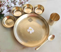 Pure Brass Dinner Set 7 Pieces With Embossed &  Matt Finish Design