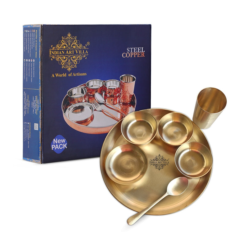 Pure Brass Dinner Set 7 Pieces With Embossed &  Matt Finish Design