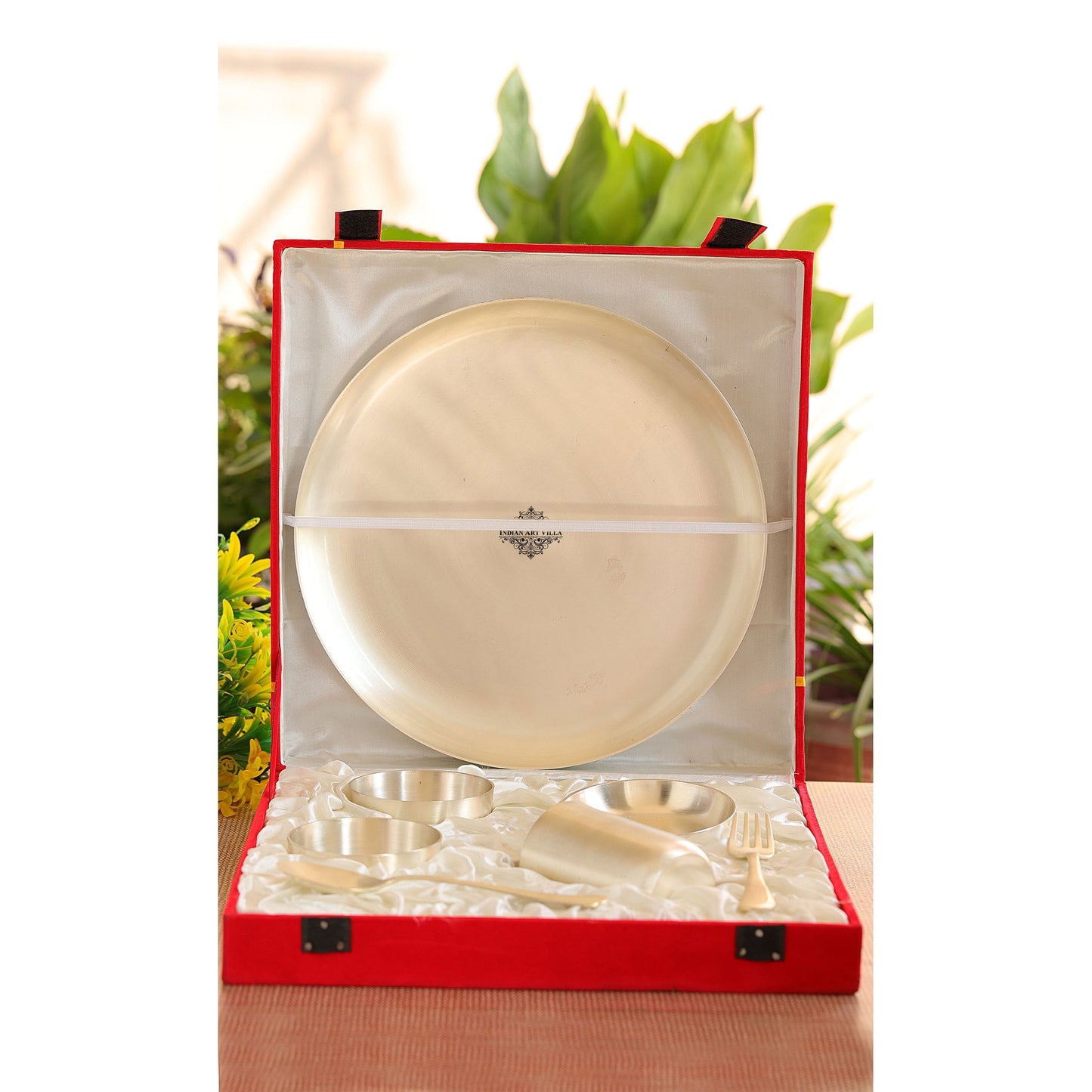 Silver Plated Brass Matt Finish 7 Pieces Dinner Set, 1 Thali, 2 Katori, 1 Small Bowl, 1  Glass, 1 Fork & 1 Spoon