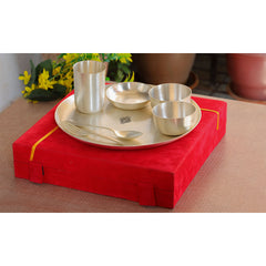 Silver Plated Brass Matt Finish 7 Pieces Dinner Set, 1 Thali, 2 Katori, 1 Small Bowl, 1  Glass, 1 Fork & 1 Spoon