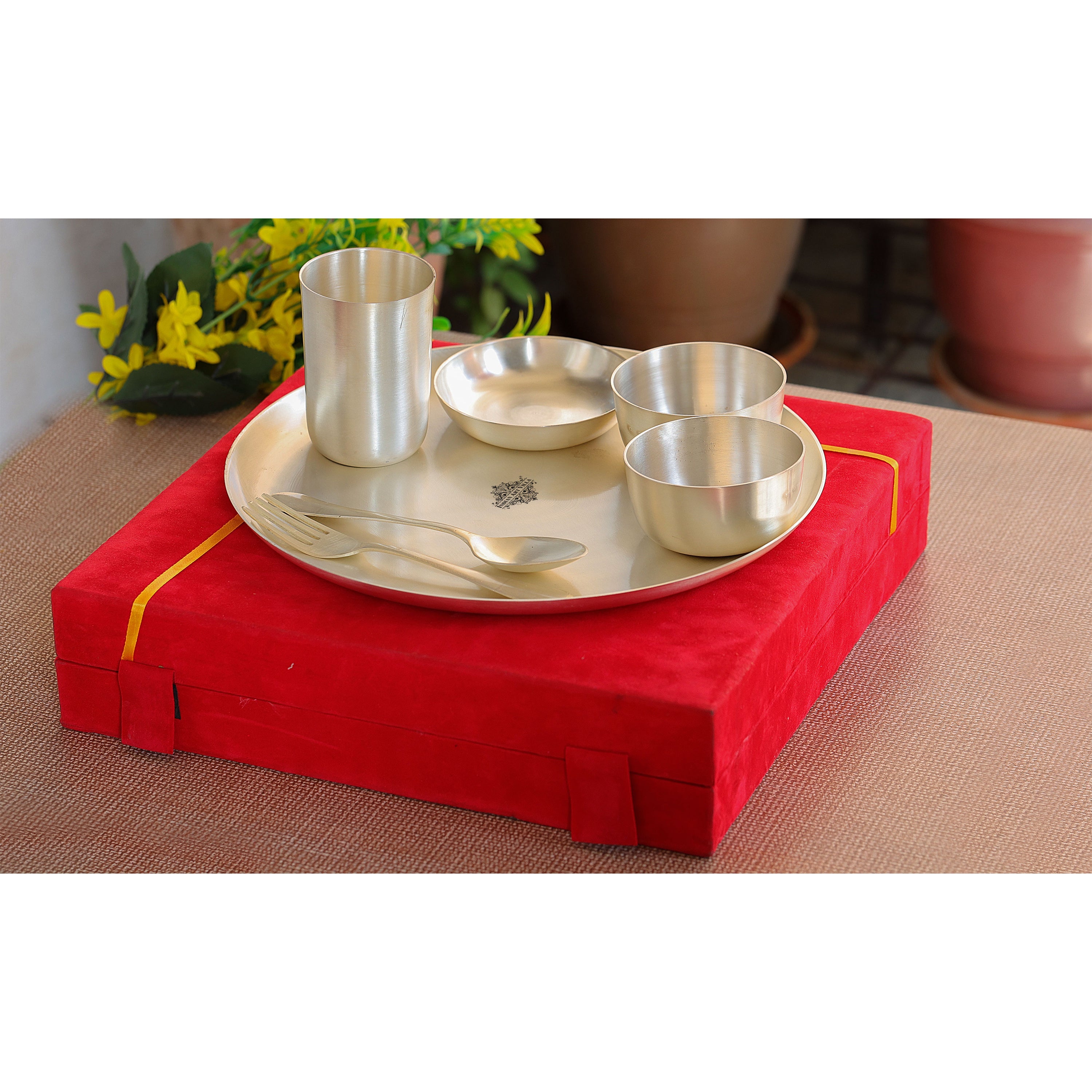 Silver Plated Brass Matt Finish 7 Pieces Dinner Set, 1 Thali, 2 Katori, 1 Small Bowl, 1  Glass, 1 Fork & 1 Spoon