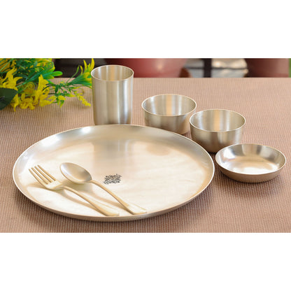 Silver Plated Brass Matt Finish 7 Pieces Dinner Set, 1 Thali, 2 Katori, 1 Small Bowl, 1  Glass, 1 Fork & 1 Spoon