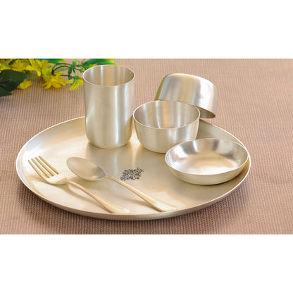 Silver Plated Brass Matt Finish 7 Pieces Dinner Set, 1 Thali, 2 Katori, 1 Small Bowl, 1  Glass, 1 Fork & 1 Spoon
