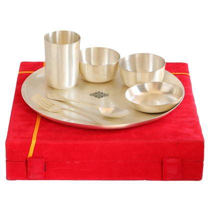 Silver Plated Brass Matt Finish 7 Pieces Dinner Set, 1 Thali, 2 Katori, 1 Small Bowl, 1  Glass, 1 Fork & 1 Spoon