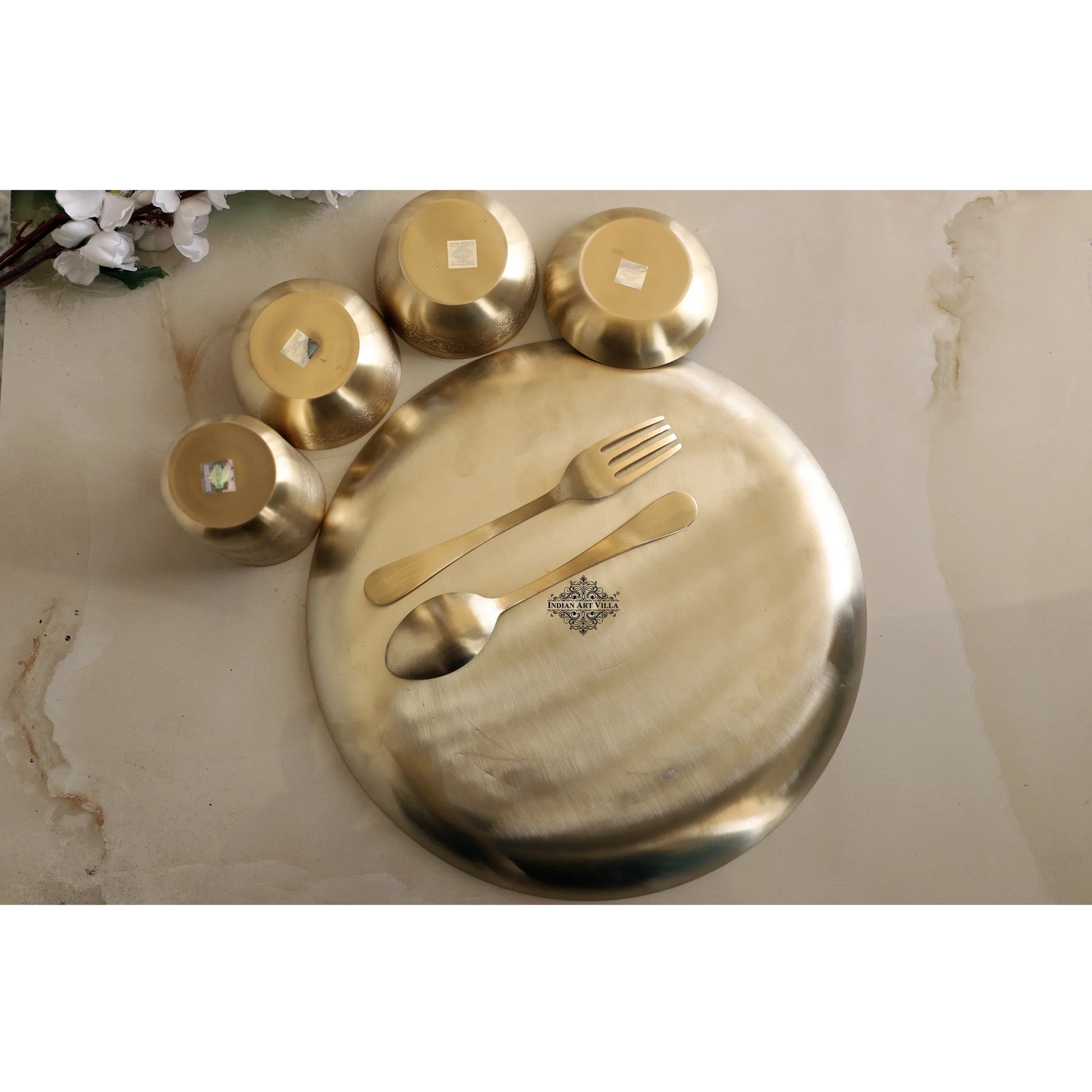 Pure Brass Dinner Set 7 Pieces With Embossed &  Matt Finish Design