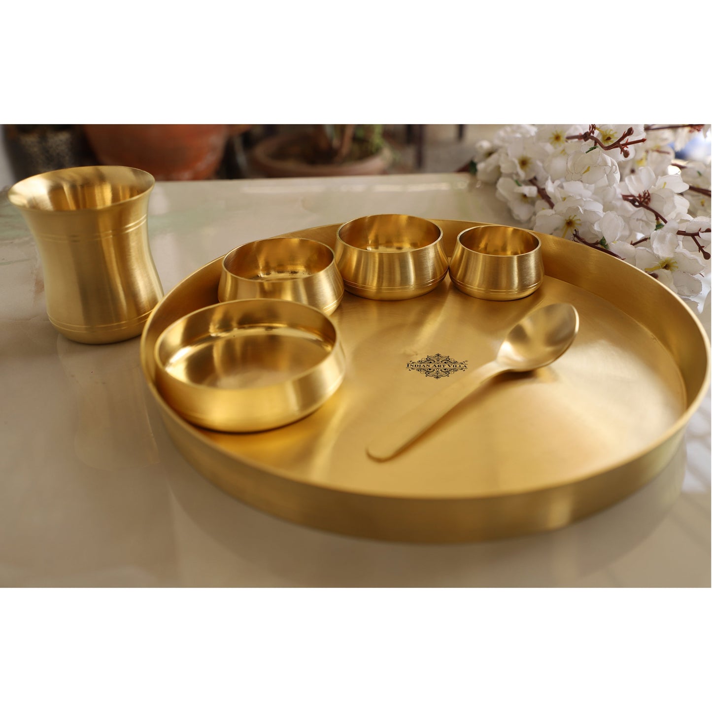 Brass 7 Pieces Dinner Set in Matt Finish, Set of 1 Thali, 1 Glass, 1 Spoon, 1 Halva Bowl, 2 Medium Bowl and 1 chutney bowl