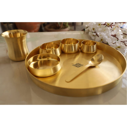 Brass 7 Pieces Dinner Set in Matt Finish, Set of 1 Thali, 1 Glass, 1 Spoon, 1 Halva Bowl, 2 Medium Bowl and 1 chutney bowl