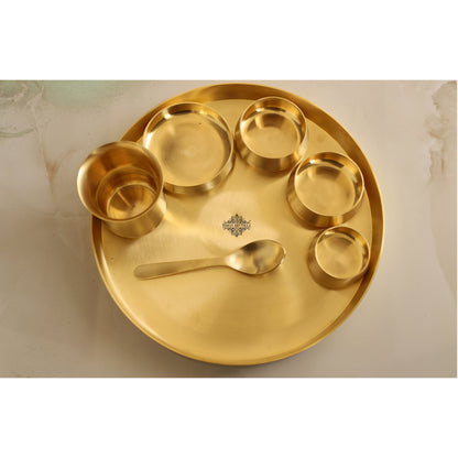 Brass 7 Pieces Dinner Set in Matt Finish, Set of 1 Thali, 1 Glass, 1 Spoon, 1 Halva Bowl, 2 Medium Bowl and 1 chutney bowl