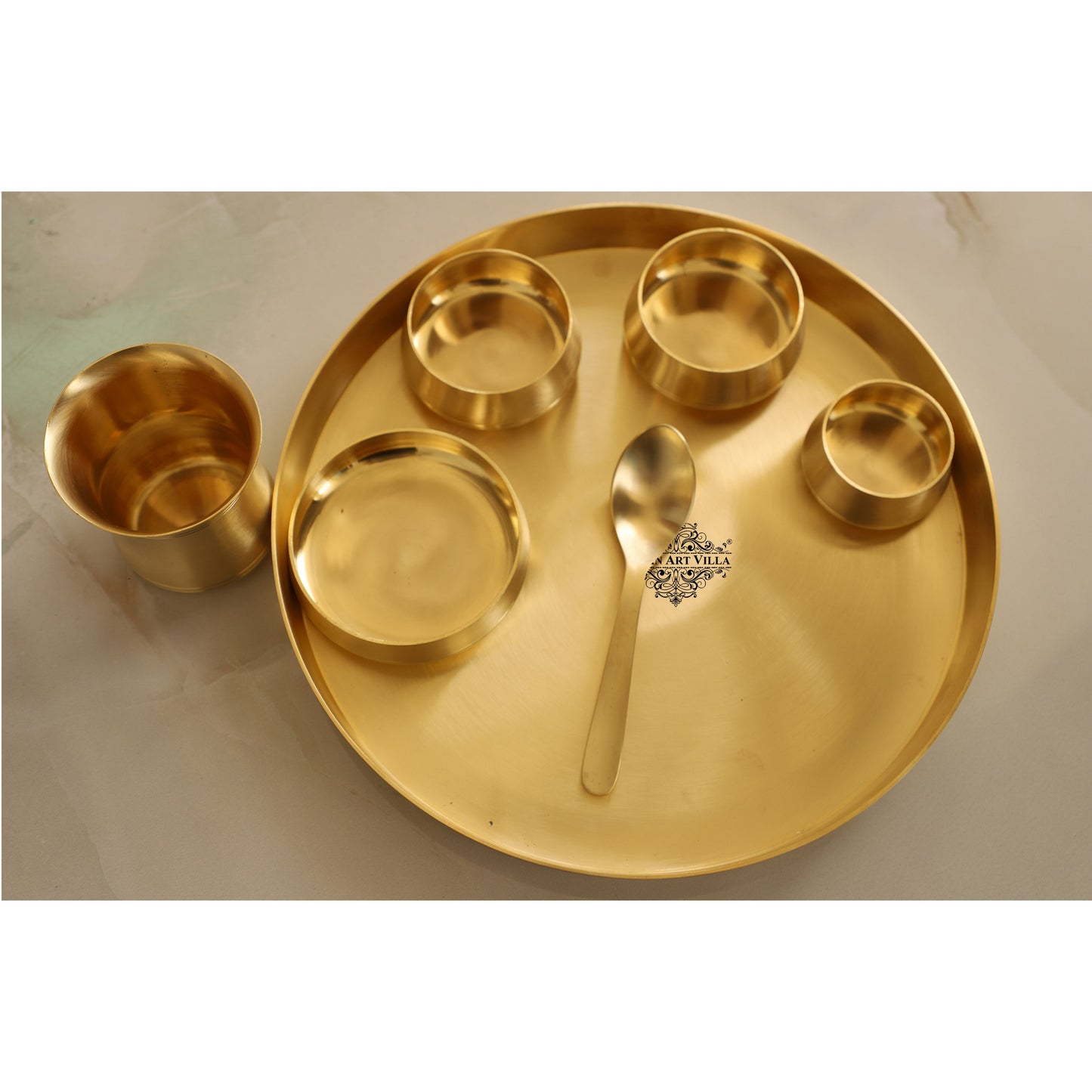 Brass 7 Pieces Dinner Set in Matt Finish, Set of 1 Thali, 1 Glass, 1 Spoon, 1 Halva Bowl, 2 Medium Bowl and 1 chutney bowl