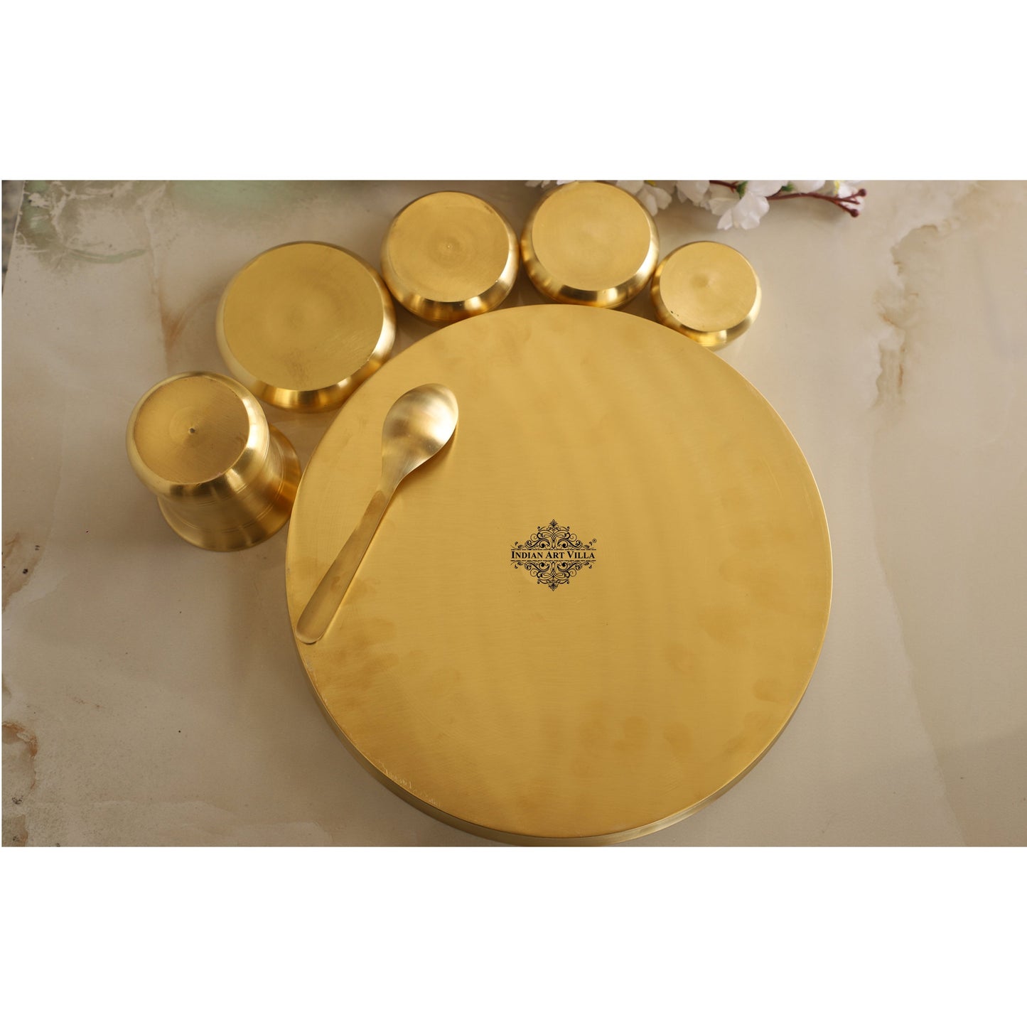 Brass 7 Pieces Dinner Set in Matt Finish, Set of 1 Thali, 1 Glass, 1 Spoon, 1 Halva Bowl, 2 Medium Bowl and 1 chutney bowl