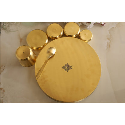 Brass 7 Pieces Dinner Set in Matt Finish, Set of 1 Thali, 1 Glass, 1 Spoon, 1 Halva Bowl, 2 Medium Bowl and 1 chutney bowl