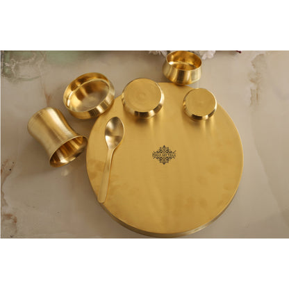 Brass 7 Pieces Dinner Set in Matt Finish, Set of 1 Thali, 1 Glass, 1 Spoon, 1 Halva Bowl, 2 Medium Bowl and 1 chutney bowl