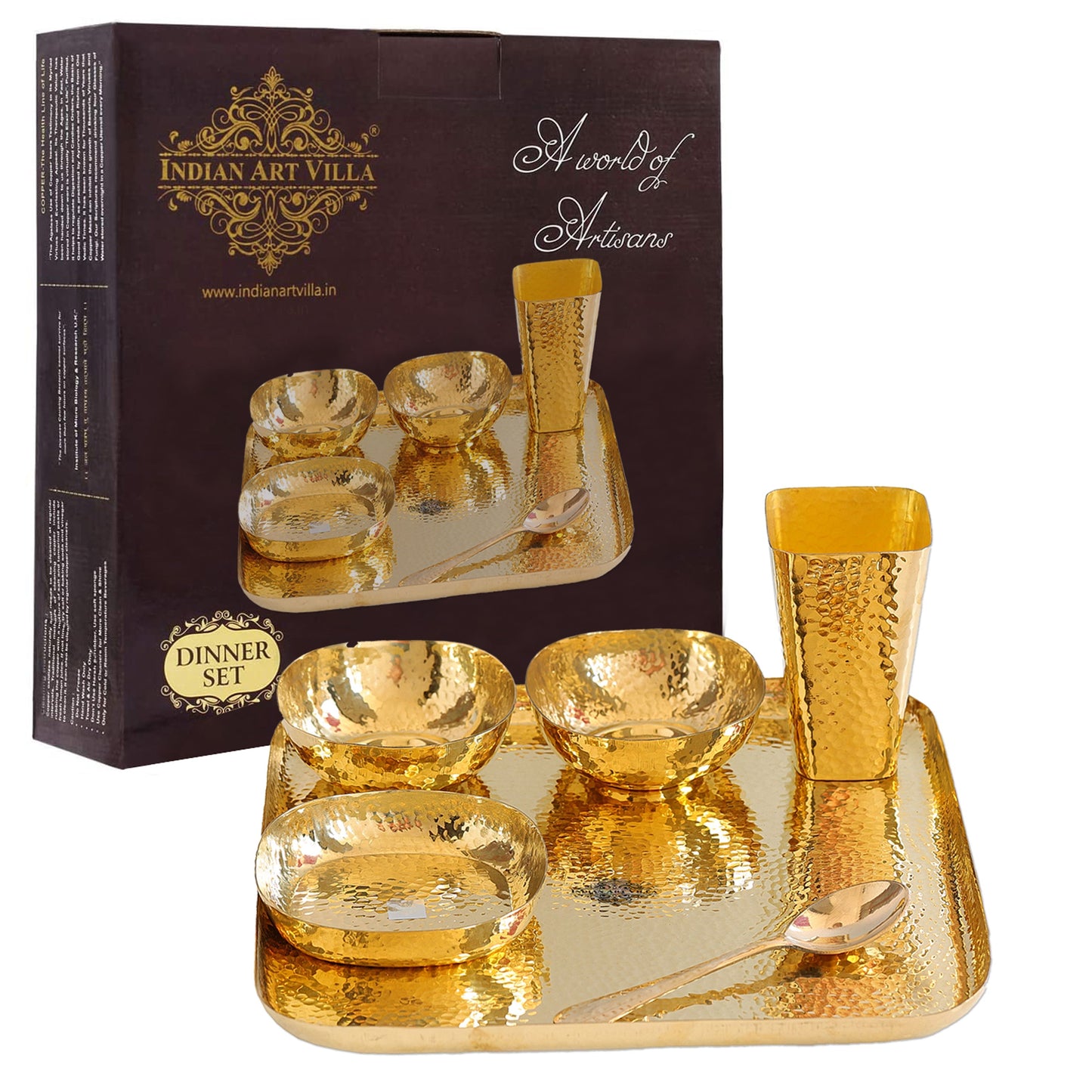 Brass Hammered Square 6 Pcs. Thali set,  1 Square Thali, 2 Bowls, 1 Rice Plate, 1 Spoon and 1 Glass