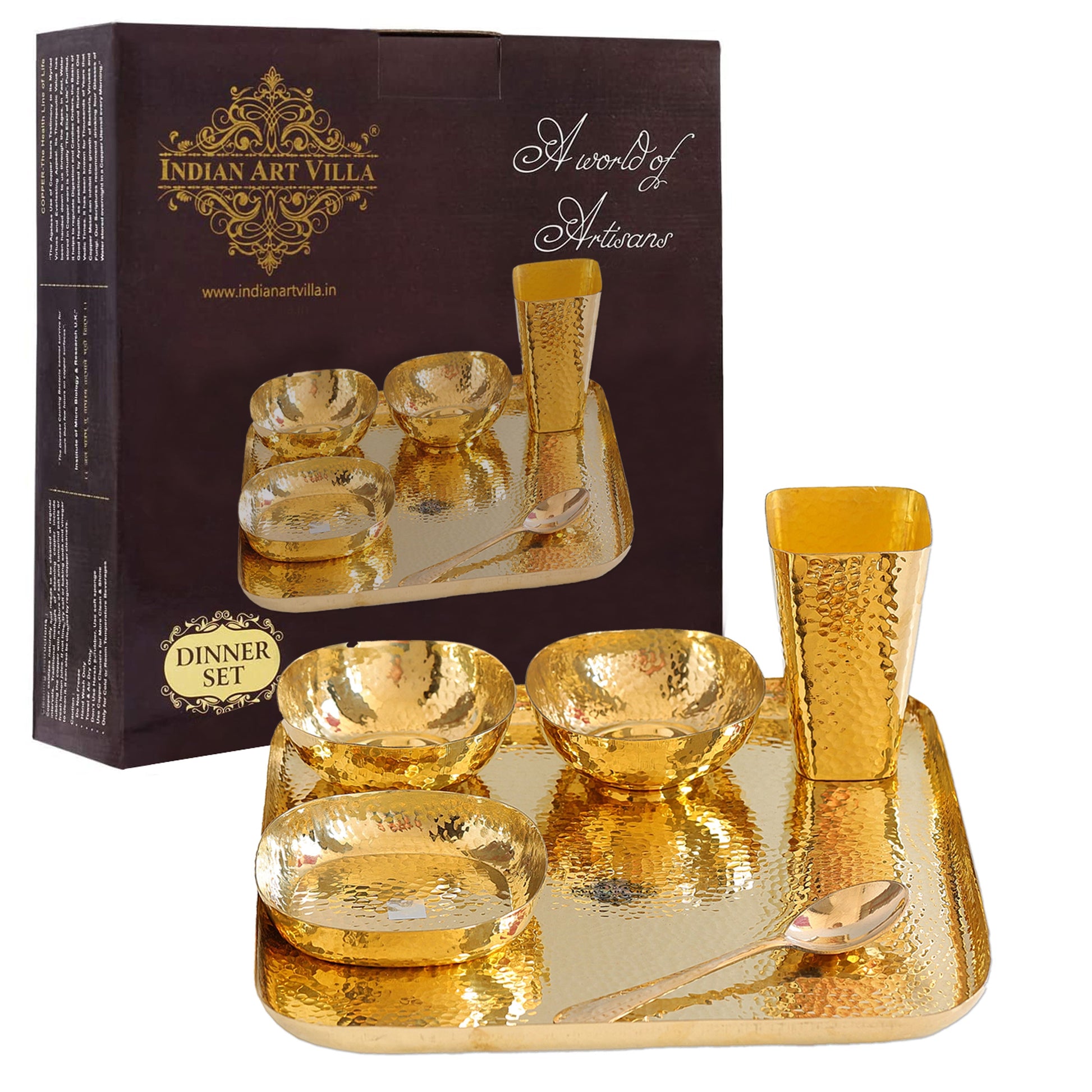 Brass Hammered Square 6 Pcs. Thali set,  1 Square Thali, 2 Bowls, 1 Rice Plate, 1 Spoon and 1 Glass