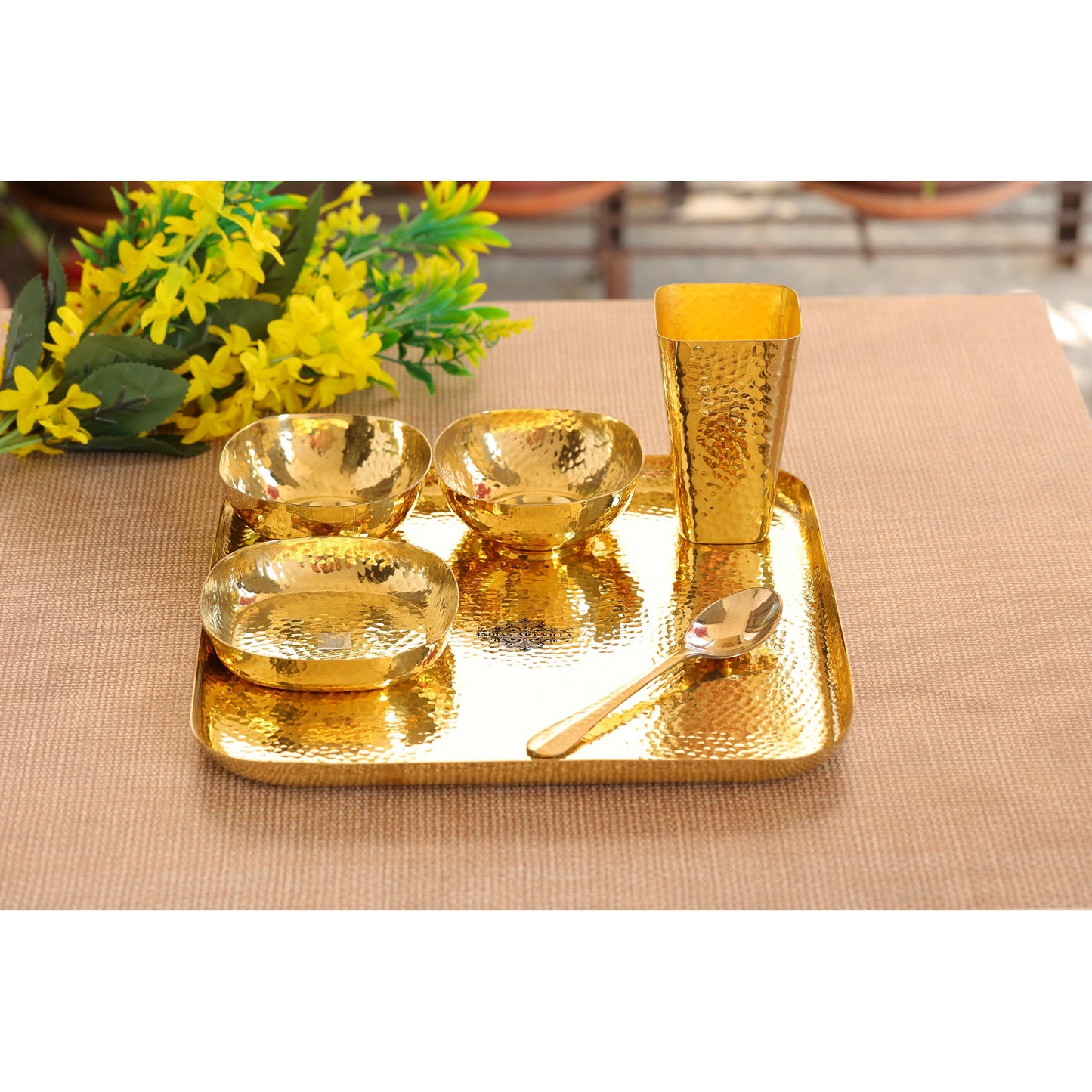 Brass Hammered Square 6 Pcs. Thali set,  1 Square Thali, 2 Bowls, 1 Rice Plate, 1 Spoon and 1 Glass
