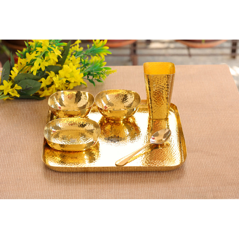 Brass Hammered Square Thali Set – 6 Piece