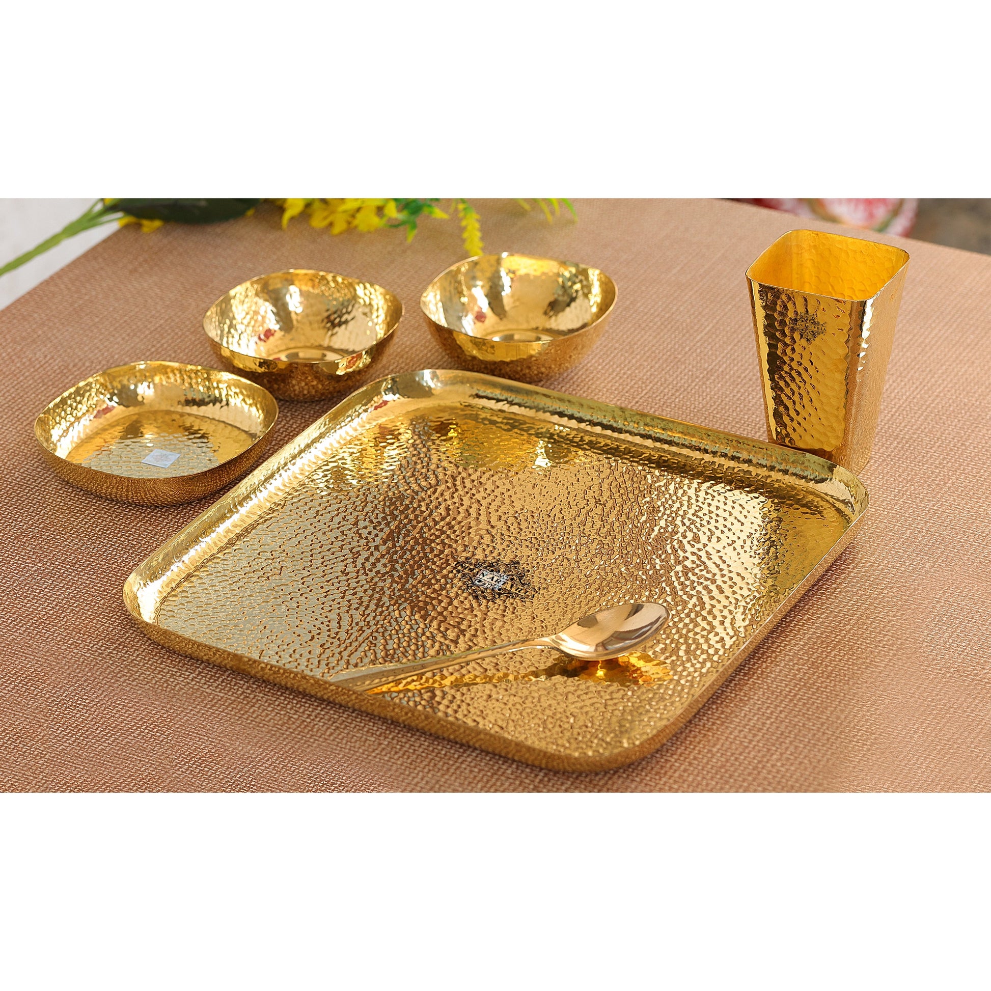 Brass Hammered Square 6 Pcs. Thali set,  1 Square Thali, 2 Bowls, 1 Rice Plate, 1 Spoon and 1 Glass